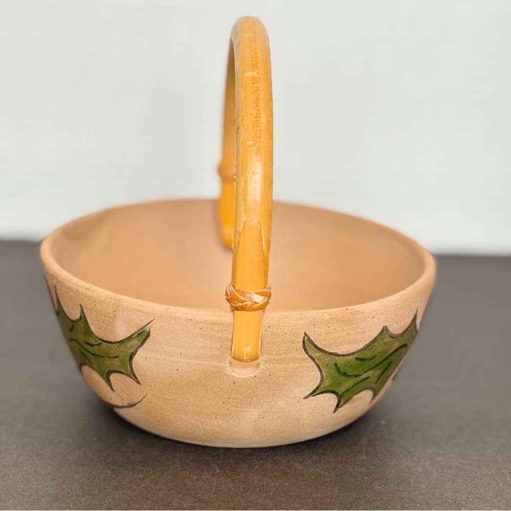 Christmas Art Pottery Bowl with Bamboo Handle Hand Painted Holly w/matching Vase - Picture 4 of 14